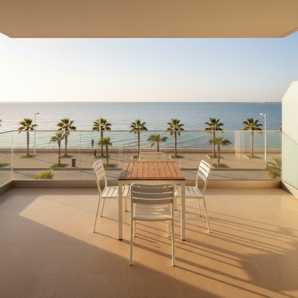 A sunlit balcony of a modern Mar Menor apartment, showing a small outdoor dining set with a rectangular wooden table and four white metal-framed chairs, all neatly arranged. Beyond the glass railing, the tranquil blue waters of the Mar Menor lagoon stretch to the horizon, bordered by a clean promenade and manicured palm trees. The terrazzo floor is warm beige, catching the soft golden hour light and casting long, elegant shadows from the chairs. Photographic realism, wide-angle composition emphasizing the view, slightly elevated perspective. The mood is serene and aspirational, highlighting the property’s outdoor lifestyle and prime location for a real estate sales page.