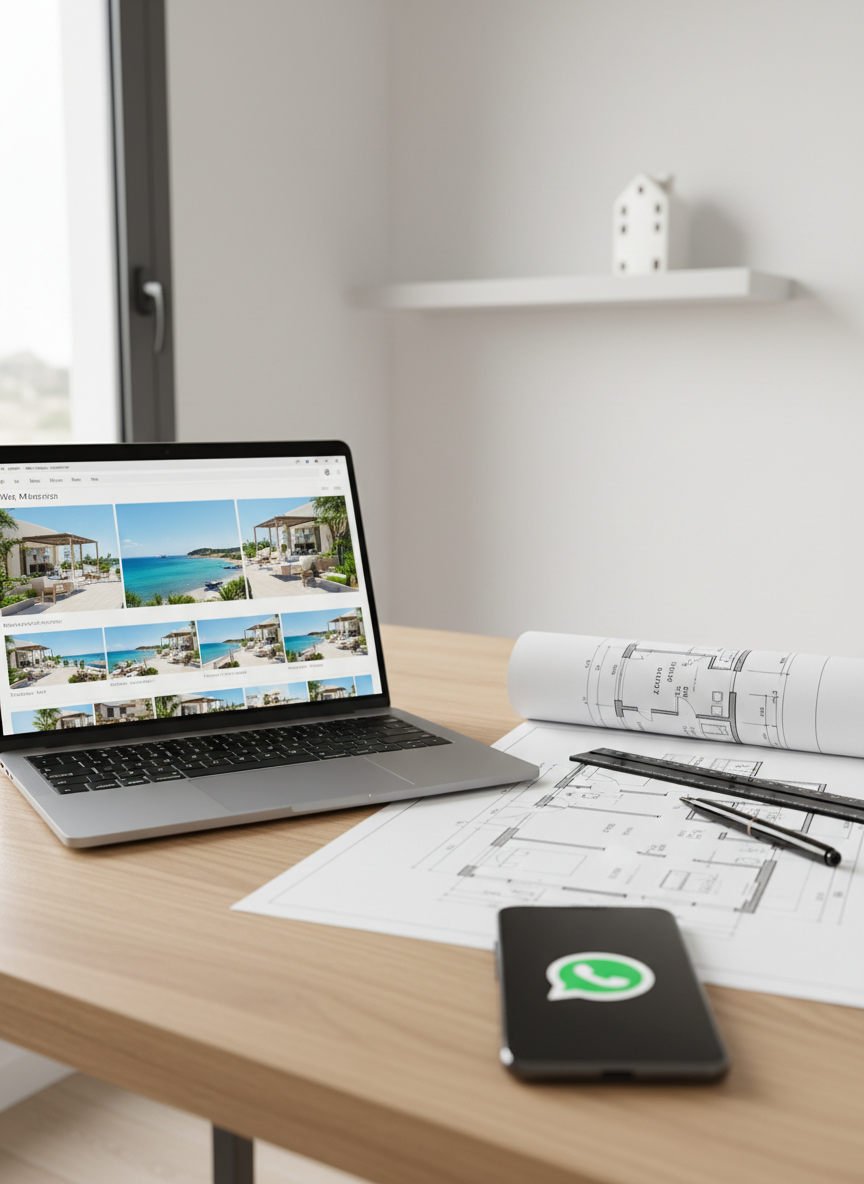 A minimalist workspace used for online property consultations, featuring a slim, silver laptop on a light oak desk, displaying a high-resolution photo gallery of Mar Menor apartments. Beside it lies a detailed printed floor plan of a two-bedroom coastal property, aligned with a black metal ruler and a fine-point pen. A modern smartphone with a visible WhatsApp icon rests nearby, screen dark and untouched. The background shows a slightly blurred white wall with a simple floating shelf and a small decorative ceramic house. Photographic realism, soft natural window light from the left, creating gentle shadows and crisp highlights. Shot from a slightly elevated angle with shallow depth of field, the mood is orderly, efficient, and clearly focused on digital property search and communication.