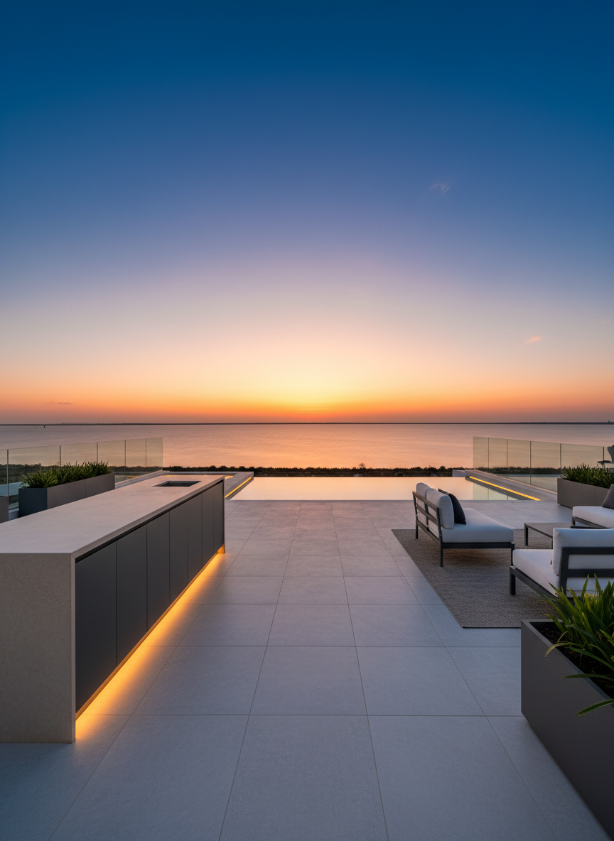 A high-end Mar Menor penthouse terrace at sunset, showcasing a spacious rooftop with large-format light gray tiles and an infinity-edge plunge pool facing the lagoon. A sleek, built-in outdoor kitchen with a stone countertop and closed cabinets lines one side, completely unused and immaculate. Ambient LED strip lighting under the pool edge and kitchen counter glows softly as the sky transitions from warm orange to deep blue. Photographic realism, shot from a slightly elevated angle using a wide lens to capture the panoramic water view and ample terrace space. The mood is luxurious and aspirational, with clean, modern lines and a tranquil atmosphere perfect for premium penthouse listings.
