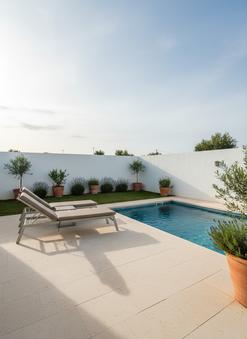 A peaceful ground-floor terrace of a Mar Menor townhouse, with large beige stone tiles leading to a small, well-kept private garden bordered by white stucco walls. A pair of empty, modern sun loungers with taupe cushions face a compact, rectangular swimming pool with crystal-clear water reflecting the sky. Along the wall, terracotta pots with Mediterranean plants like lavender and small olive trees add texture. Photographic realism, captured during soft late-morning light, creating gentle reflections on the pool surface and subtle shadows from the loungers. Wide-angle, slightly low perspective to emphasize space and outdoor comfort. The mood is relaxed and welcoming, perfect for showcasing family-friendly homes with private outdoor areas.