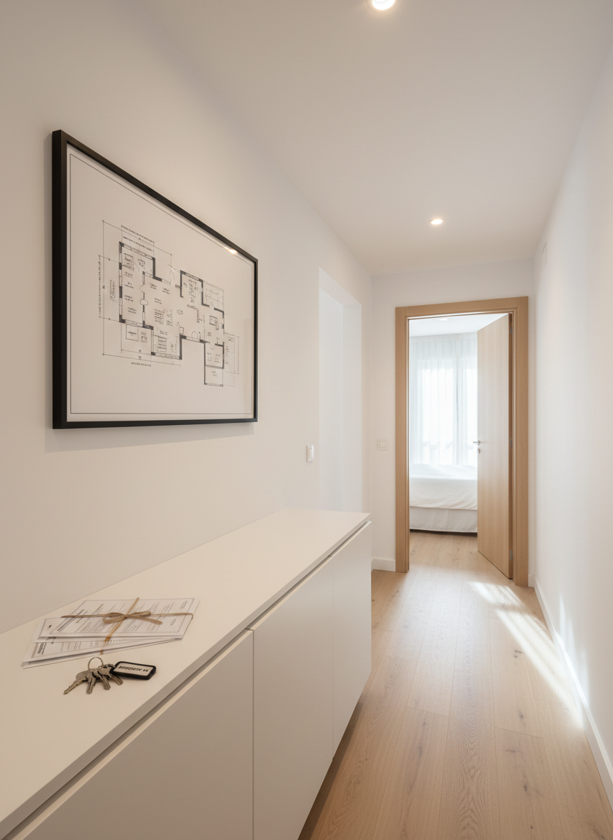A tidy hallway inside a newly renovated Mar Menor apartment, with smooth, matte white walls and light oak laminate flooring leading toward a partially open door that reveals a bright bedroom. On one wall, a large, mounted floor plan of the apartment is encased in a thin black frame, clearly visible and neatly aligned. A discreet built-in cabinet with a flat top holds an organized stack of property documents and a labeled set of keys. Photographic realism, soft ceiling lighting combined with faint daylight from the bedroom, casting gentle shadows along the corridor. Eye-level composition with sharp focus throughout, creating a clear, informative atmosphere suitable for illustrating virtual tour or viewing process pages.