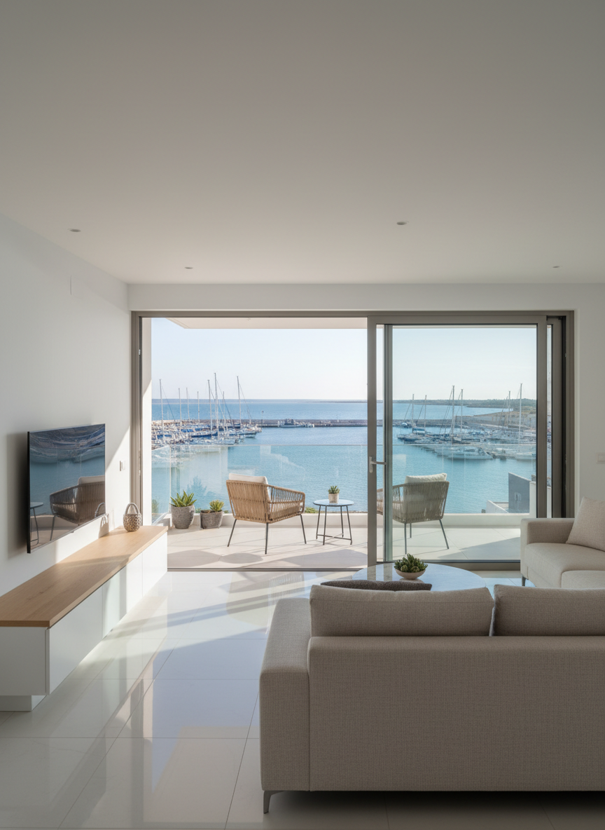 A bright, contemporary living room in a Mar Menor coastal apartment, featuring a large sliding glass door fully open to a terrace with a clear view of the calm lagoon and marina. White porcelain floor tiles reflect soft Mediterranean daylight, while a low, light-beige fabric sofa faces a minimalist white TV unit with a subtle wood accent. On the terrace, two empty wicker lounge chairs and a small glass-topped table suggest a relaxing lifestyle. Photographic realism, shot at eye level with a wide-angle lens, sharp focus throughout, clean and modern aesthetic. Late afternoon natural light fills the room, creating gentle shadows and a calm, inviting atmosphere ideal for a property listing homepage.