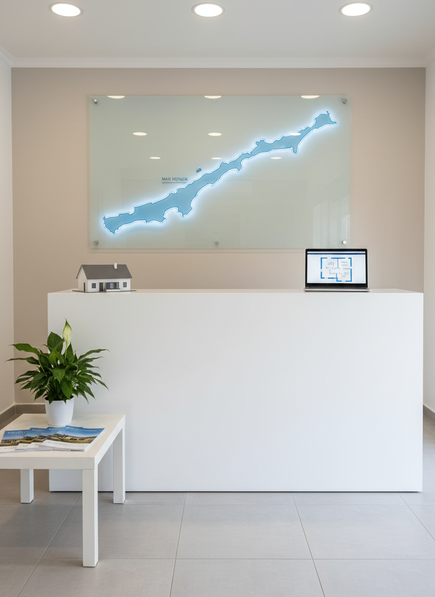 A clean, well-organized real estate office reception area for a Mar Menor agency, with a long white reception counter displaying a small model house and an open laptop showing a floor plan on screen. Behind the counter, a wall-mounted, frameless glass map of the Mar Menor coastline is subtly backlit. On one side, a low white table holds neatly stacked property brochures and a small, healthy green plant. Photographic realism, eye-level composition with symmetrical framing, soft neutral tones and accents of sea blue. Soft overhead lighting combined with diffused daylight from an unseen window creates a professional, trustworthy atmosphere suitable for an “About the Agency” page.